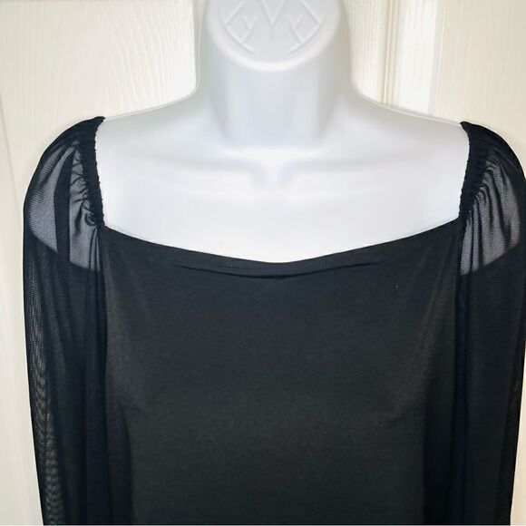 Tahari Square Neck Mix Media Sheer Sleeve Top Black XL - Picture 5 of 11
